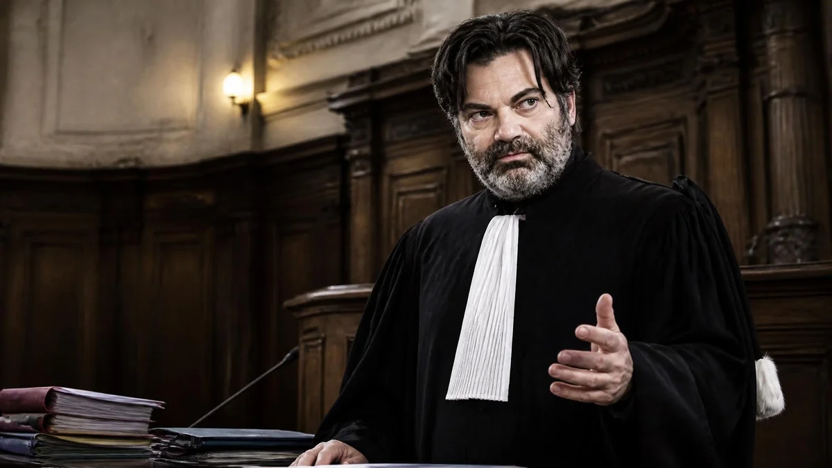 L'avocat Randall Schwerdorffer en robe noire plaidant avec sérieux dans une salle d'audience en bois
