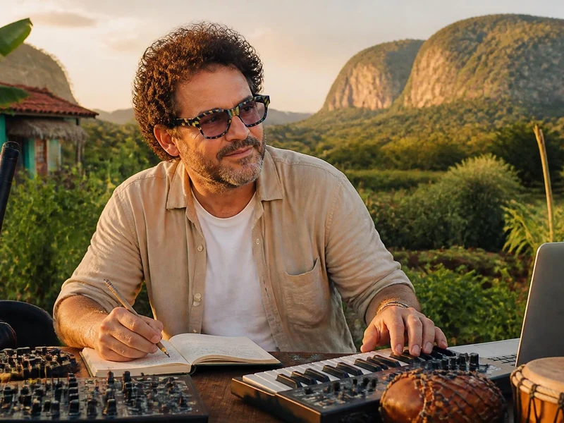 Raúl Paz compose de la musique en extérieur avec son clavier et son carnet devant un paysage cubain