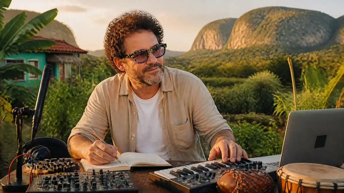 Raúl Paz compose de la musique en extérieur avec son clavier et son carnet devant un paysage cubain