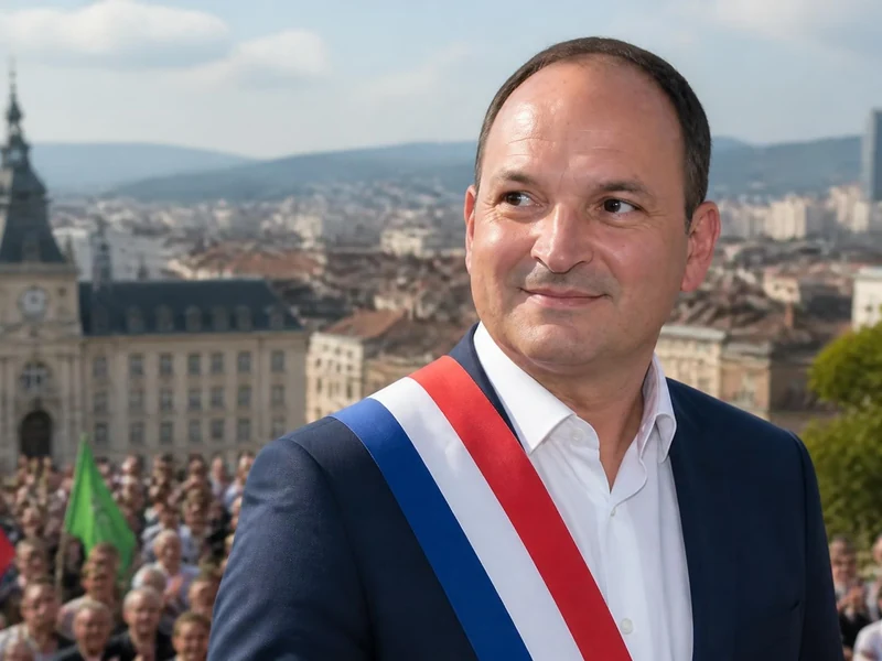Portrait de l'homme politique Régis Juanico portant l'écharpe tricolore avec une ville en arrière-plan