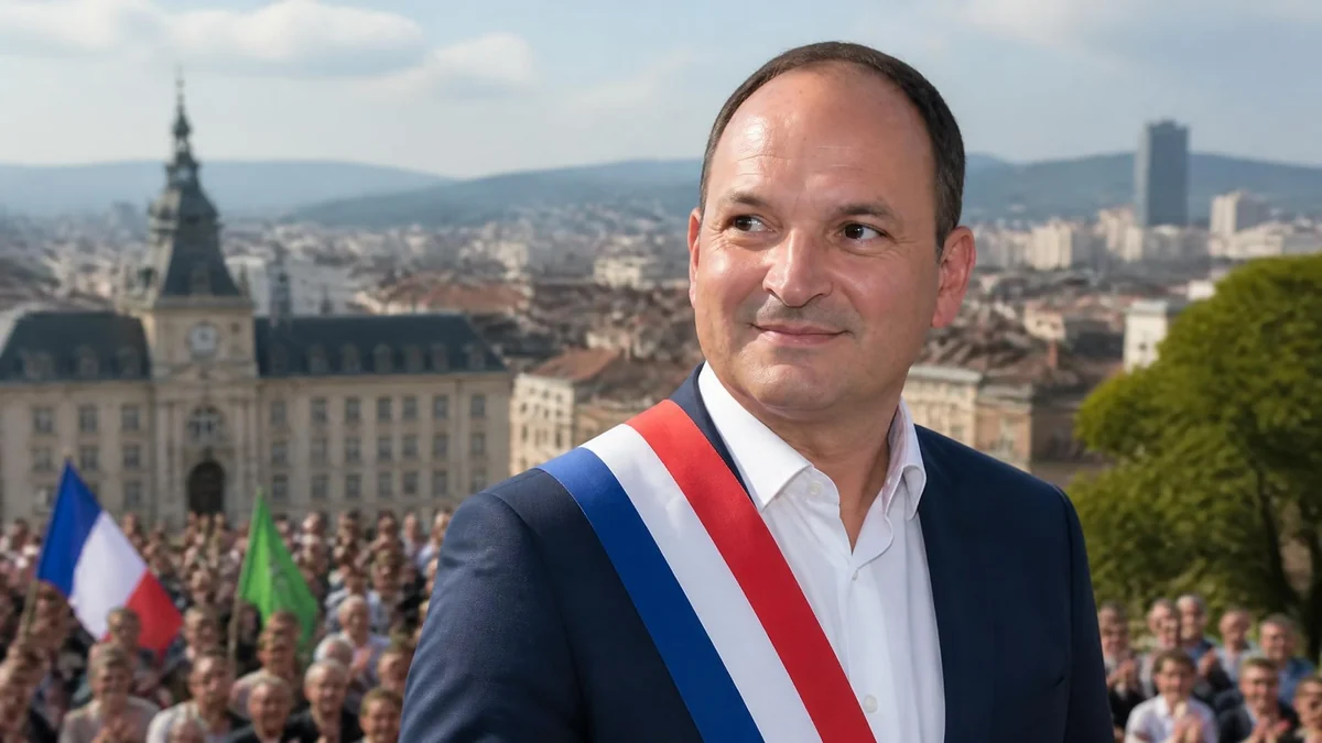 Portrait de l'homme politique Régis Juanico portant l'écharpe tricolore avec une ville en arrière-plan