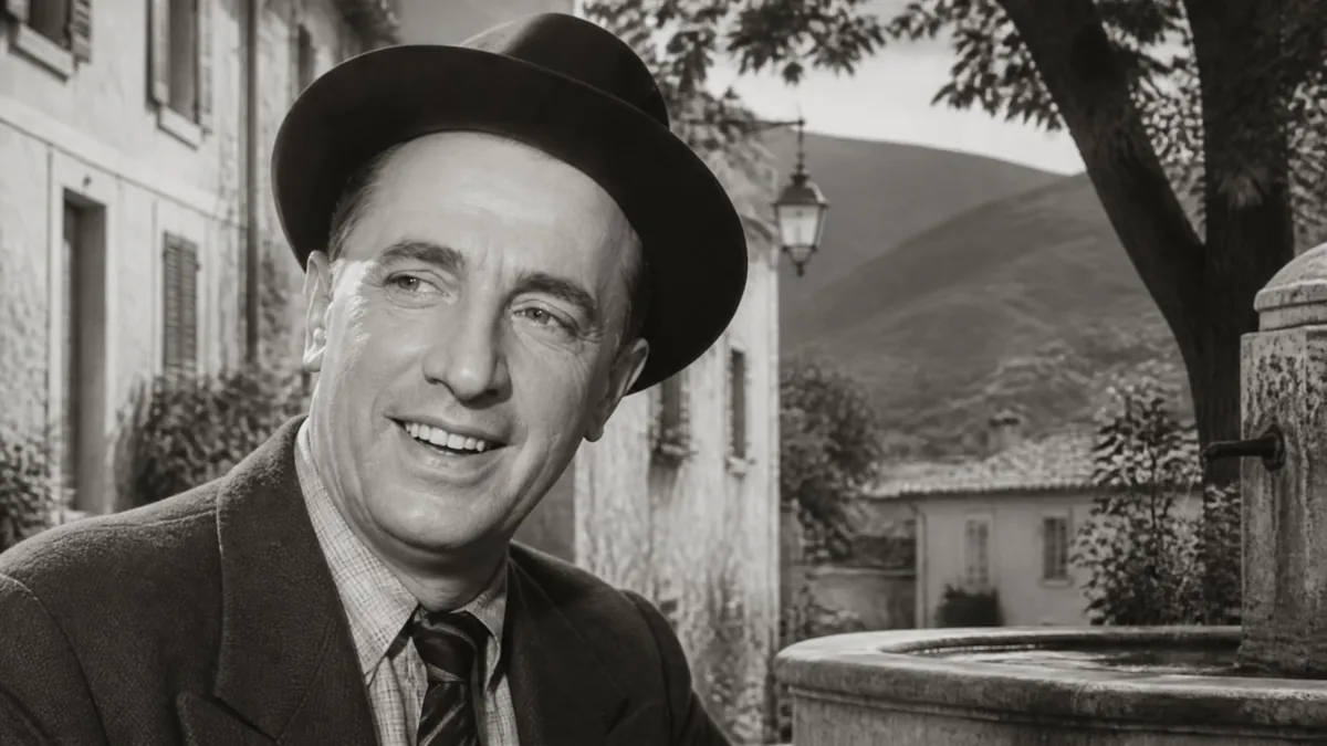 Portrait en noir et blanc de l'acteur français Rellys souriant devant une fontaine de village