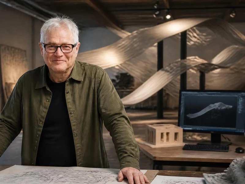 Richard Langevin pose dans son atelier entouré de sculptures et d'outils numériques