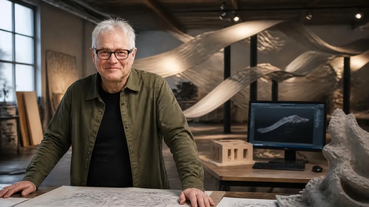 Richard Langevin pose dans son atelier entouré de sculptures et d'outils numériques