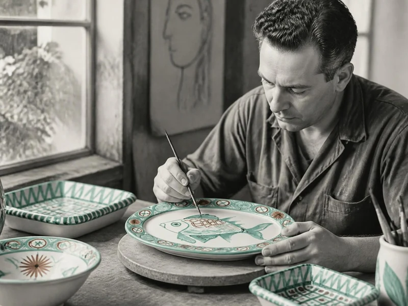 Robert Picault peint un motif de poisson sur une assiette en céramique dans son atelier de Vallauris