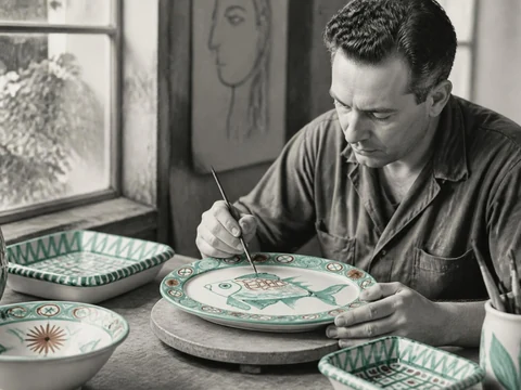 Robert Picault peint un motif de poisson sur une assiette en céramique dans son atelier de Vallauris