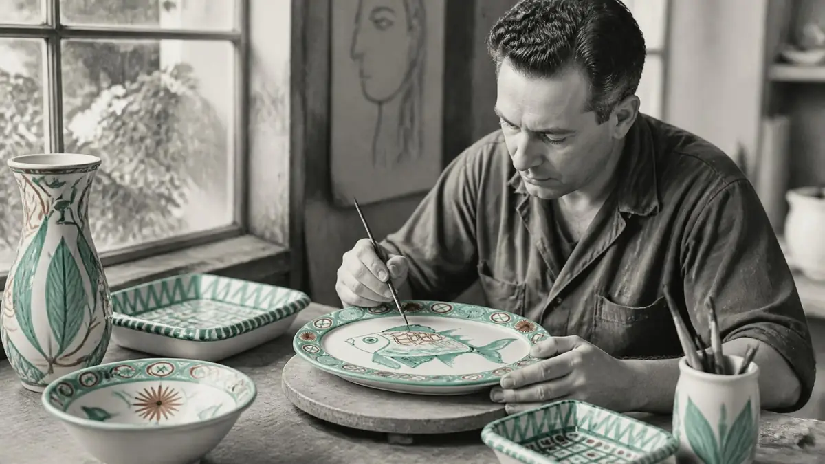 Robert Picault peint un motif de poisson sur une assiette en céramique dans son atelier de Vallauris