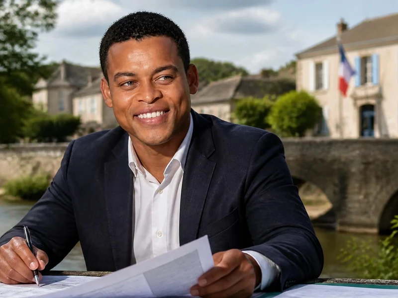 Robert Richard en costume souriant devant un pont et un bâtiment ancien avec un drapeau français