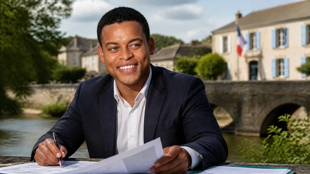 Robert Richard en costume souriant devant un pont et un bâtiment ancien avec un drapeau français