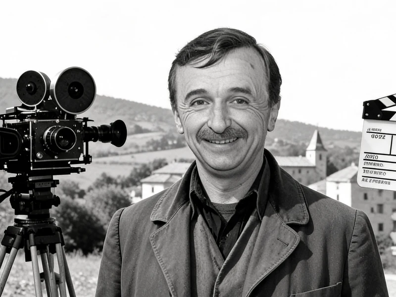 Robert Rollis sourit sur un plateau de tournage avec une caméra et un clap de cinéma en arrière-plan