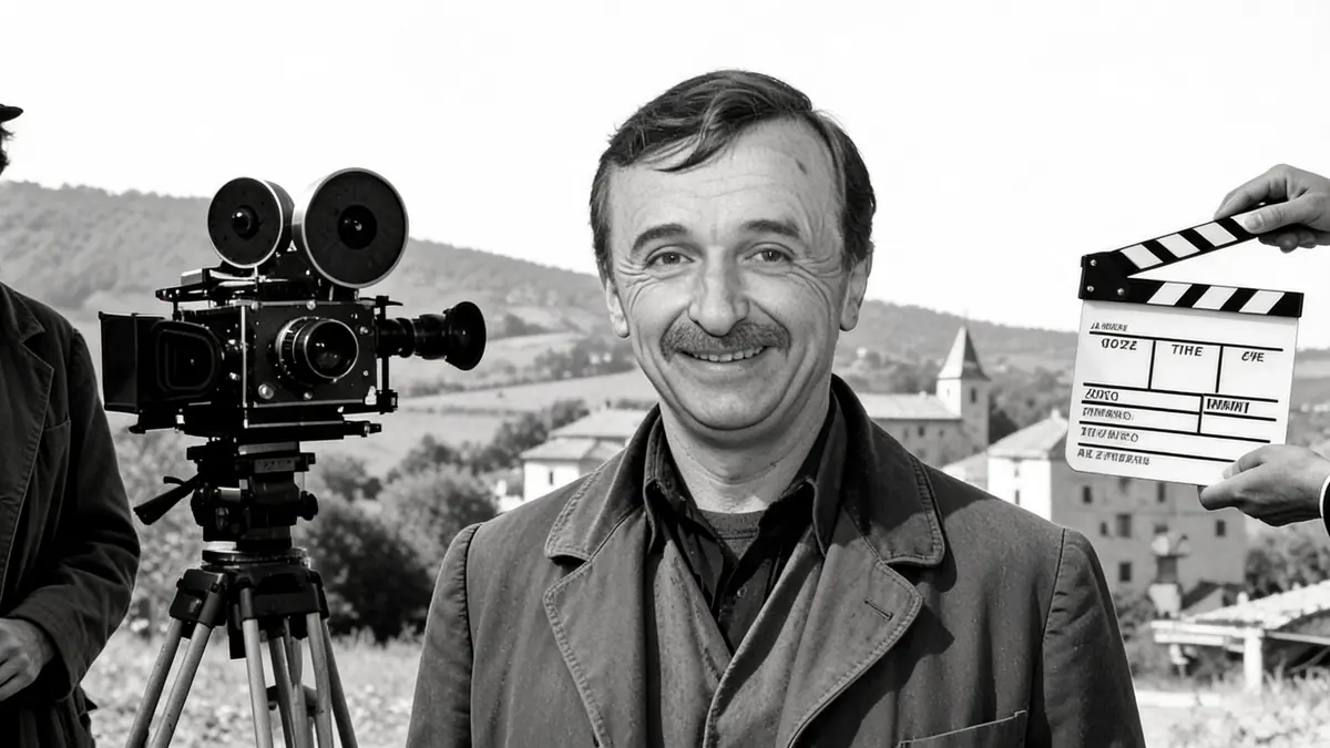 Robert Rollis sourit sur un plateau de tournage avec une caméra et un clap de cinéma en arrière-plan