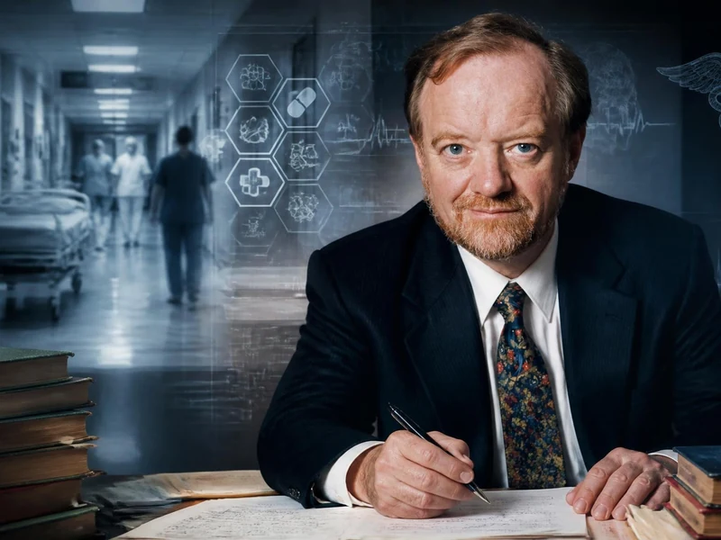 Portrait de l'écrivain Robin Cook écrivant à son bureau avec un couloir d'hôpital en arrière-plan