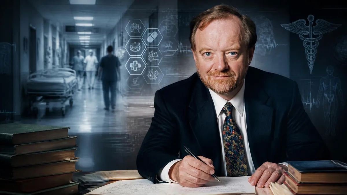 Portrait de l'écrivain Robin Cook écrivant à son bureau avec un couloir d'hôpital en arrière-plan