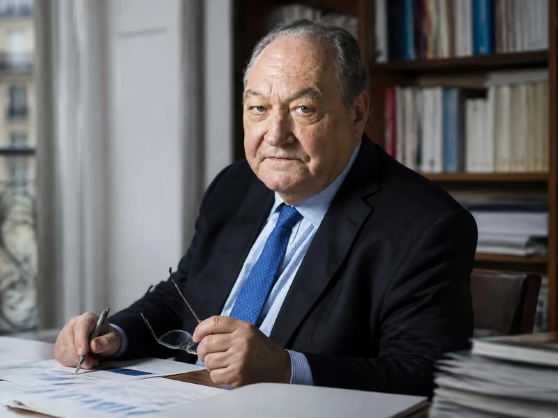 Portrait du politologue Roland Cayrol assis à son bureau devant des documents de travail et une bibliothèque