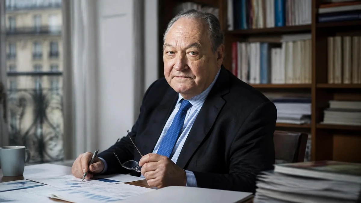 Portrait du politologue Roland Cayrol assis à son bureau devant des documents de travail et une bibliothèque