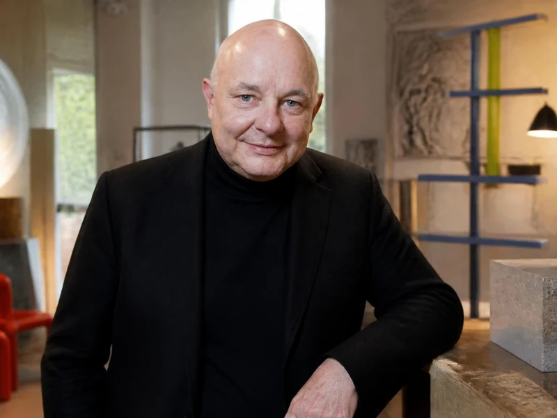 Portrait du designer Rolf Sachs posant dans son atelier entouré de ses créations artistiques