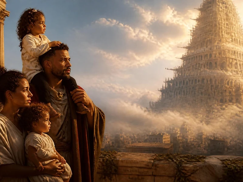 Une famille regarde au loin une cité antique monumentale évoquant la tension entre Rome Babel