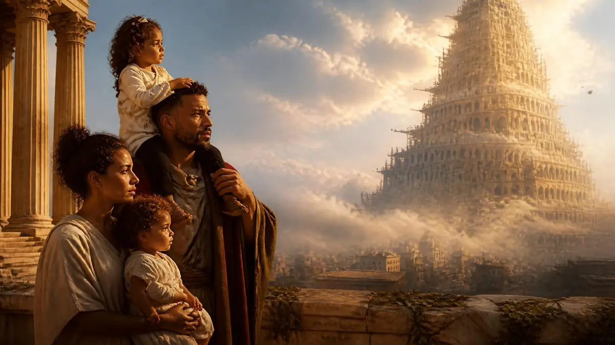 Une famille regarde au loin une cité antique monumentale évoquant la tension entre Rome Babel