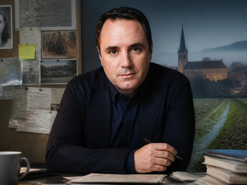Portrait de Ronan Folgoas assis à son bureau devant un panneau d'enquête et un paysage de campagne