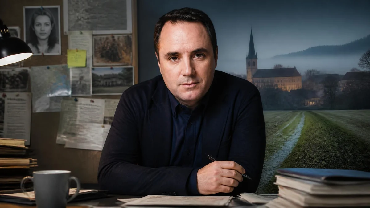 Portrait de Ronan Folgoas assis à son bureau devant un panneau d'enquête et un paysage de campagne