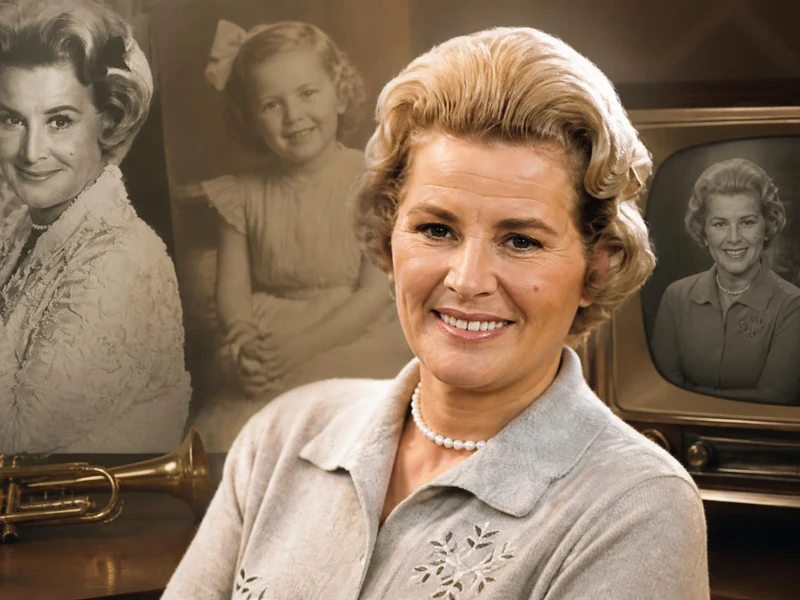 Portrait de Rose Marie entourée de photos d'archives illustrant son parcours dans le monde du spectacle