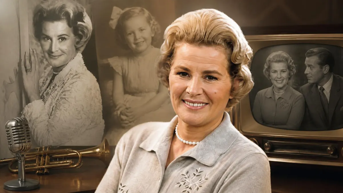Portrait de Rose Marie entourée de photos d'archives illustrant son parcours dans le monde du spectacle