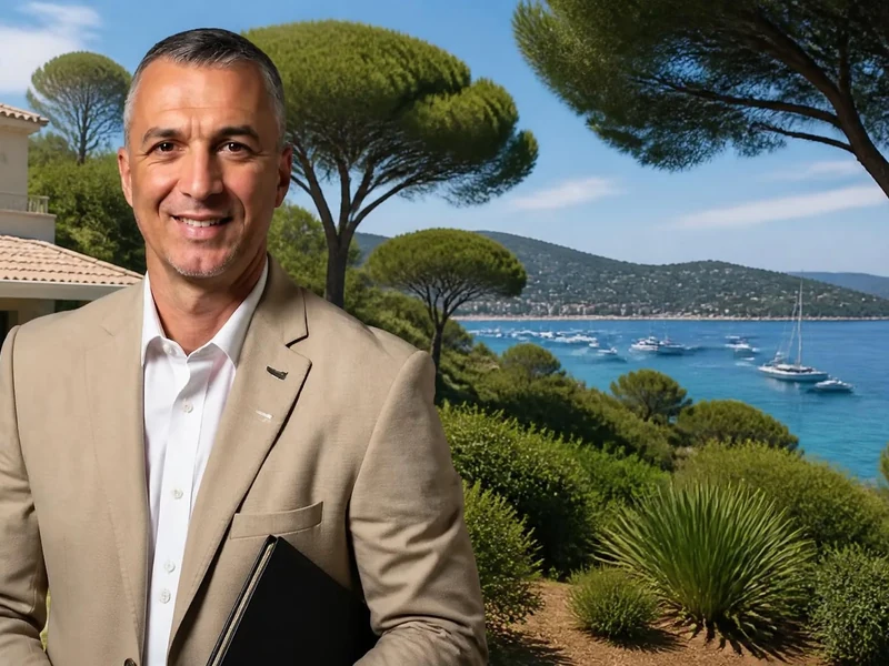 Rudy Riou posant devant une luxueuse villa en bord de mer dans le cadre de sa carrière dans l'immobilier