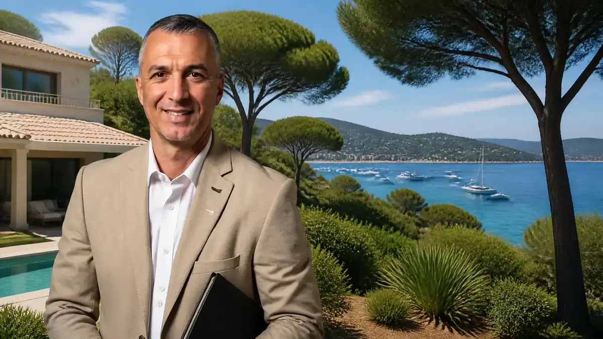 Rudy Riou posant devant une luxueuse villa en bord de mer dans le cadre de sa carrière dans l'immobilier