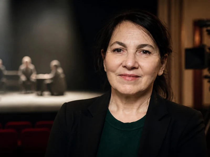 Saadia Bentaïeb pose devant une caméra dans une salle de théâtre avec des acteurs en arrière-plan