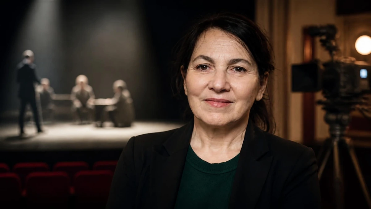 Saadia Bentaïeb pose devant une caméra dans une salle de théâtre avec des acteurs en arrière-plan
