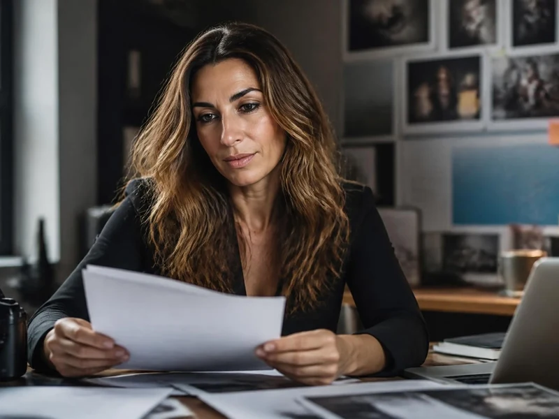 Sabrina Van Tassel examine des documents dans son bureau de travail avec un appareil photo posé sur la table