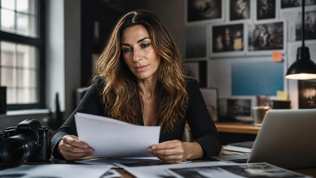 Sabrina Van Tassel examine des documents dans son bureau de travail avec un appareil photo posé sur la table