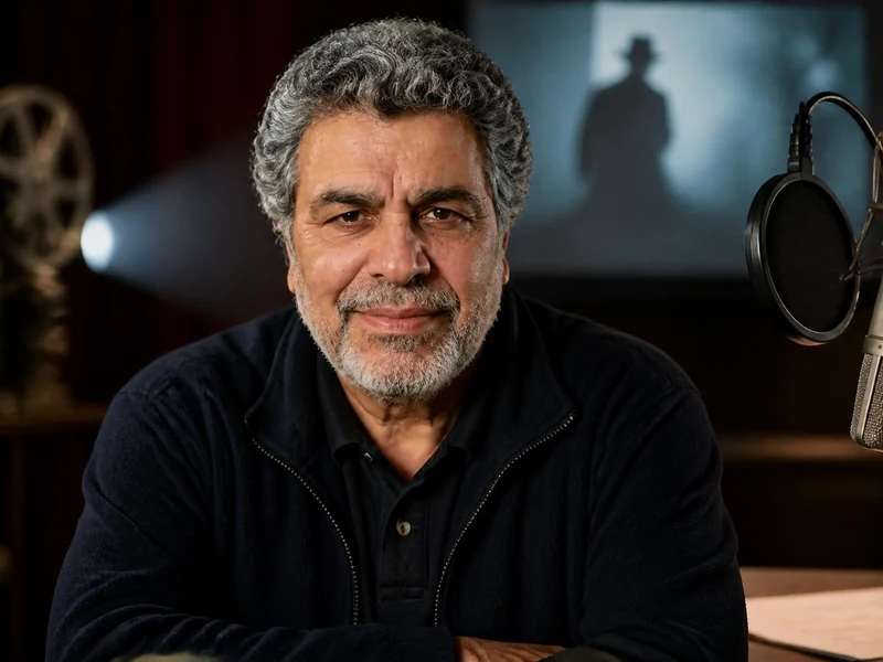 Portrait souriant de l'acteur Saïd Amadis dans un studio d'enregistrement avec un micro professionnel