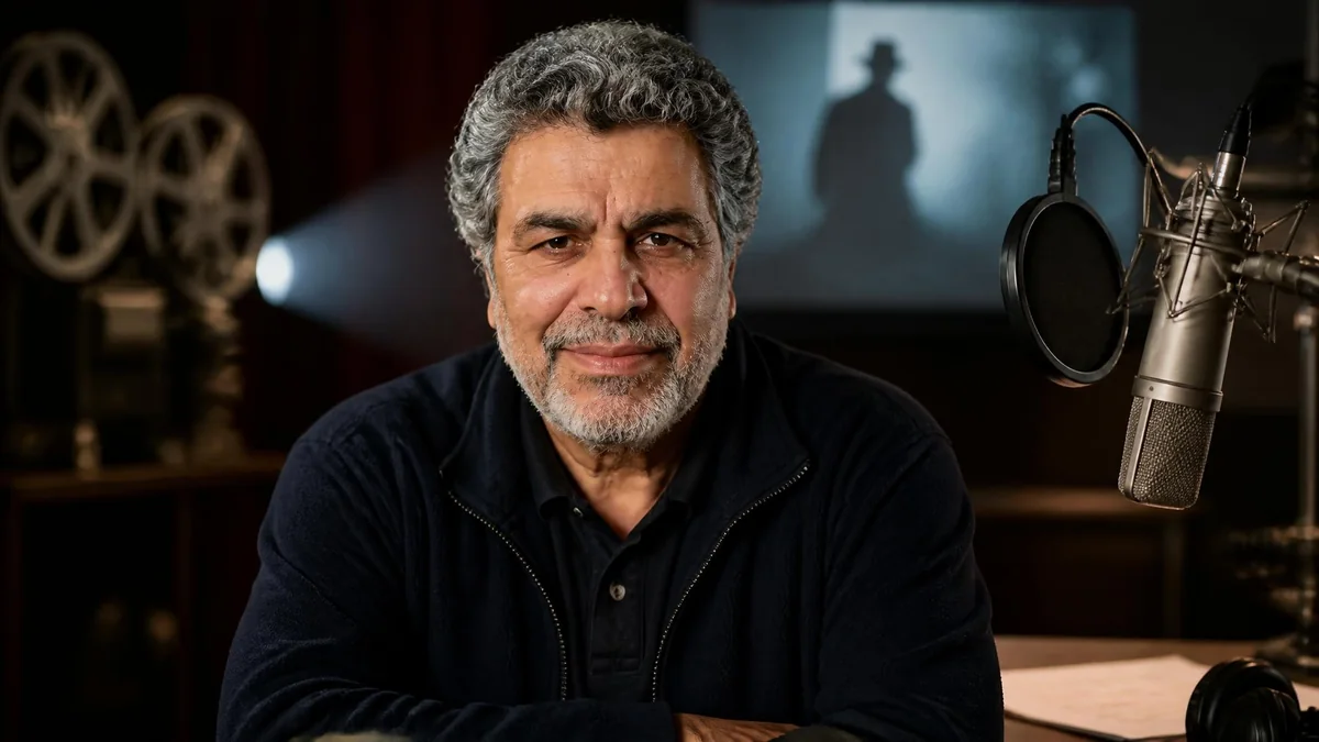 Portrait souriant de l'acteur Saïd Amadis dans un studio d'enregistrement avec un micro professionnel
