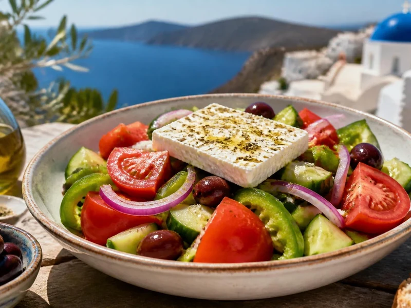 Bol de salades grecques avec feta, tomates et olives devant un paysage méditerranéen ensoleillé
