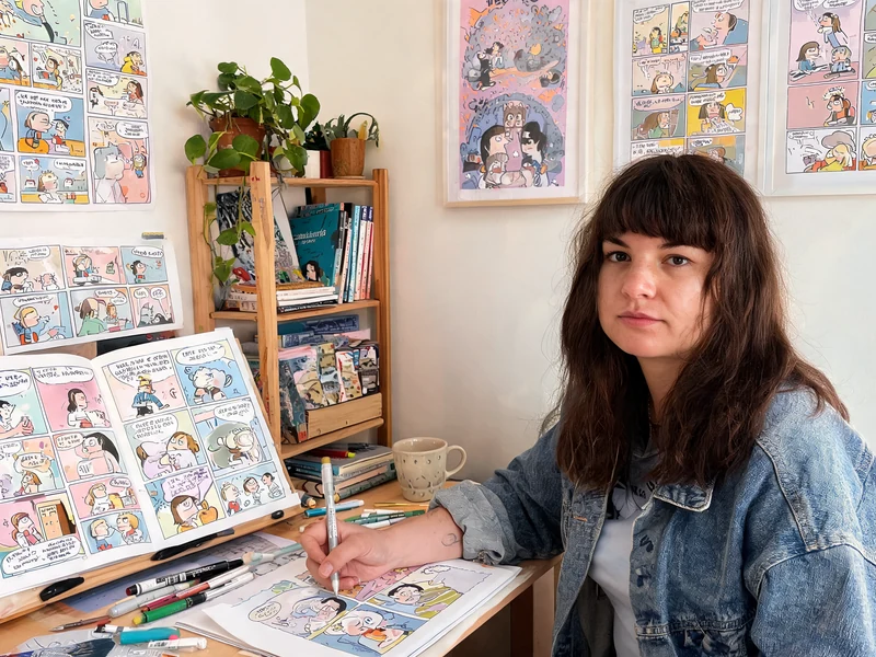 Salomé Lahoche travaille sur ses planches de bande dessinée à son bureau entourée de ses créations