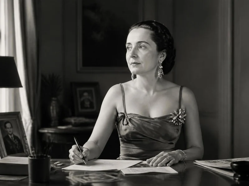 Portrait élégant en noir et blanc de Salomé Murat écrivant à son bureau dans une pièce classique