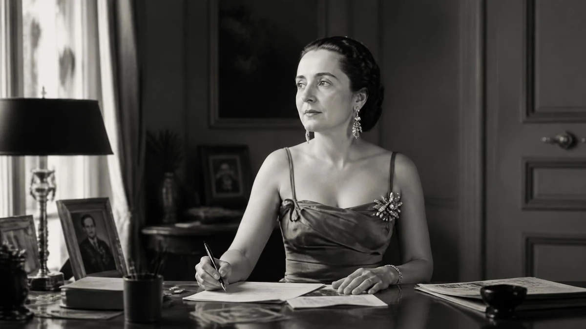 Portrait élégant en noir et blanc de Salomé Murat écrivant à son bureau dans une pièce classique