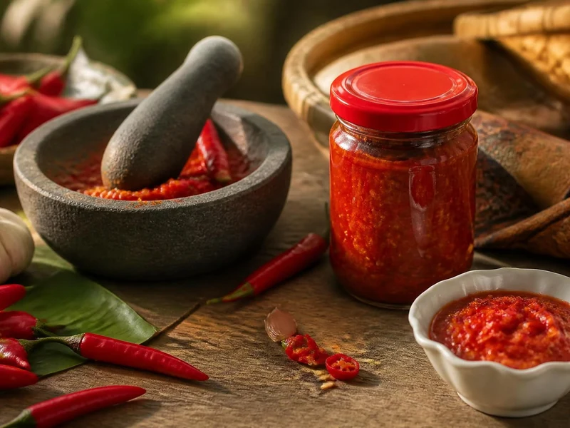 Pot de Sambal oelek accompagné de piments frais et d'un mortier sur une table en bois