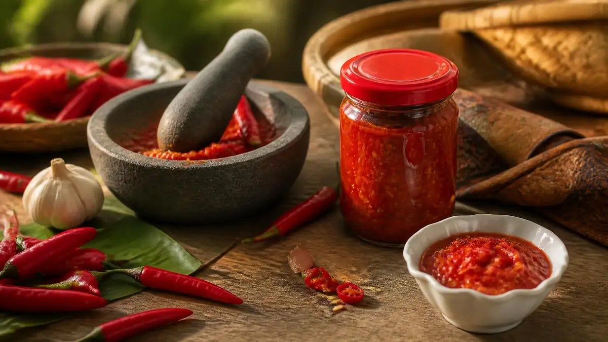 Pot de Sambal oelek accompagné de piments frais et d'un mortier sur une table en bois