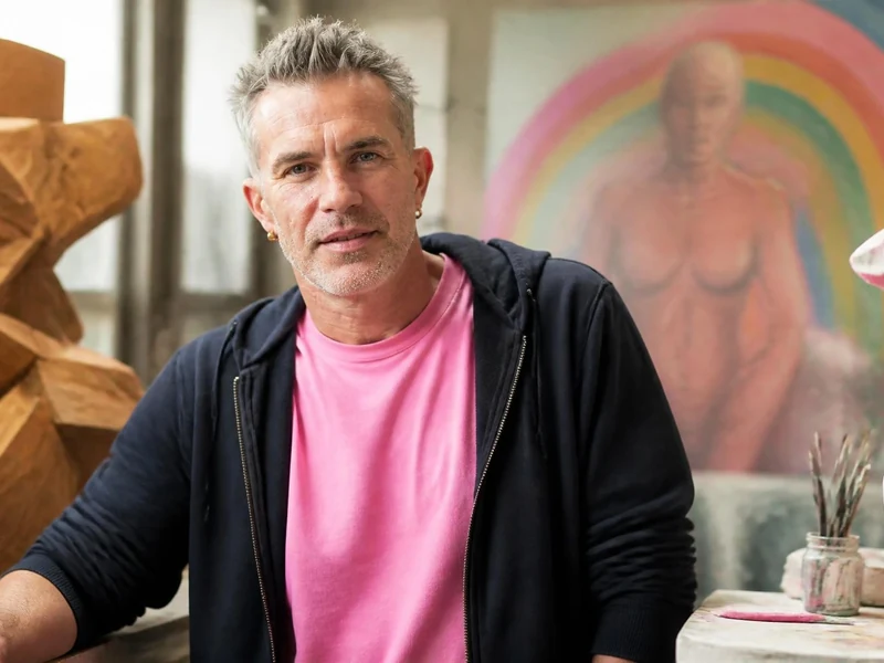 Samuel Perche pose dans son atelier entouré de ses sculptures et de ses peintures