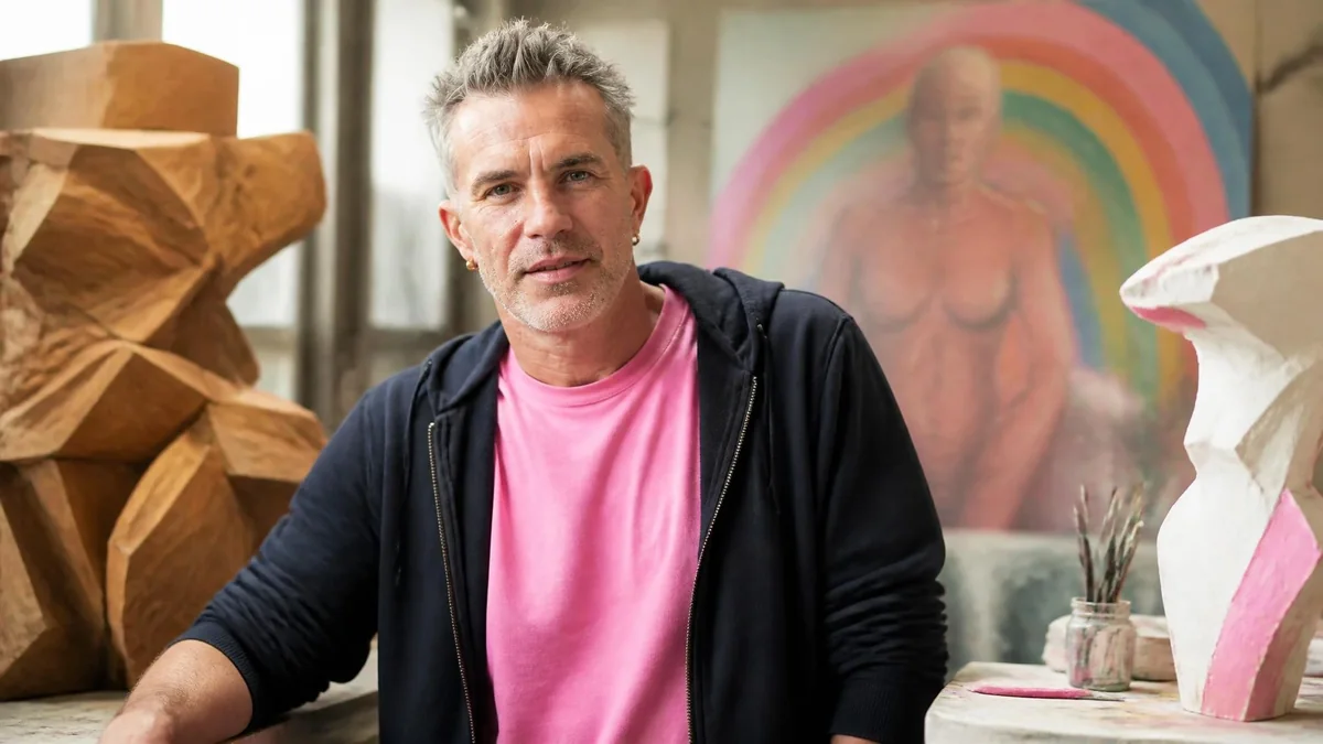 Samuel Perche pose dans son atelier entouré de ses sculptures et de ses peintures