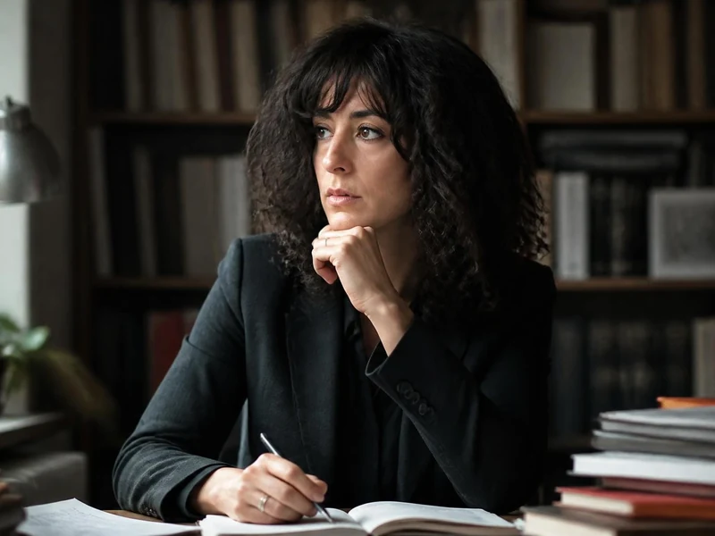 Portrait de l'écrivaine Sandra Lucbert en pleine réflexion dans son bureau rempli de livres