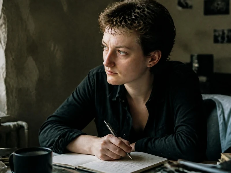 Portrait pensif de la dramaturge Sarah Kane écrivant dans un carnet près d'une fenêtre