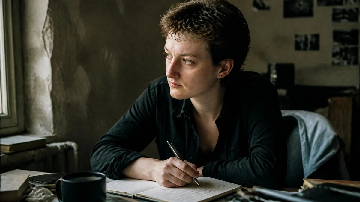 Portrait pensif de la dramaturge Sarah Kane écrivant dans un carnet près d'une fenêtre