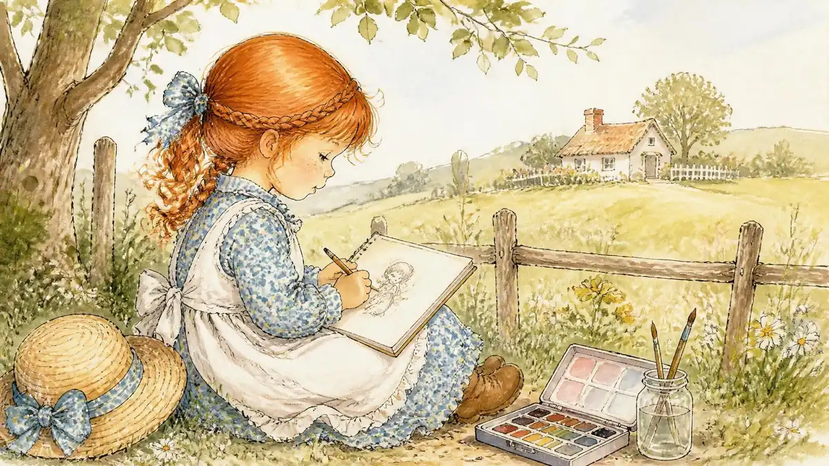 Une petite fille rousse dessinant dans un pré, une illustration nostalgique signée Sarah Kay