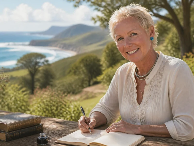 Sarah Lark écrit paisiblement dans son carnet face à un paysage côtier ensoleillé