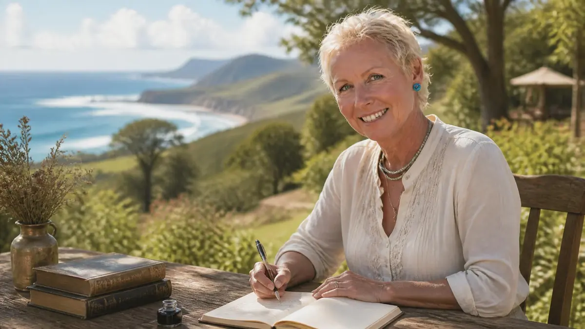 Sarah Lark écrit paisiblement dans son carnet face à un paysage côtier ensoleillé