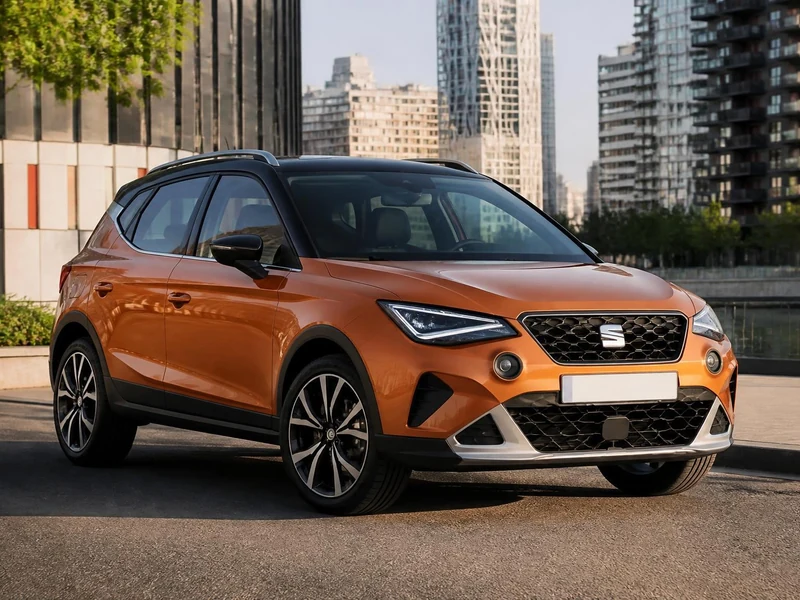 Un SUV orange Arona Seat stationné dans un environnement urbain moderne