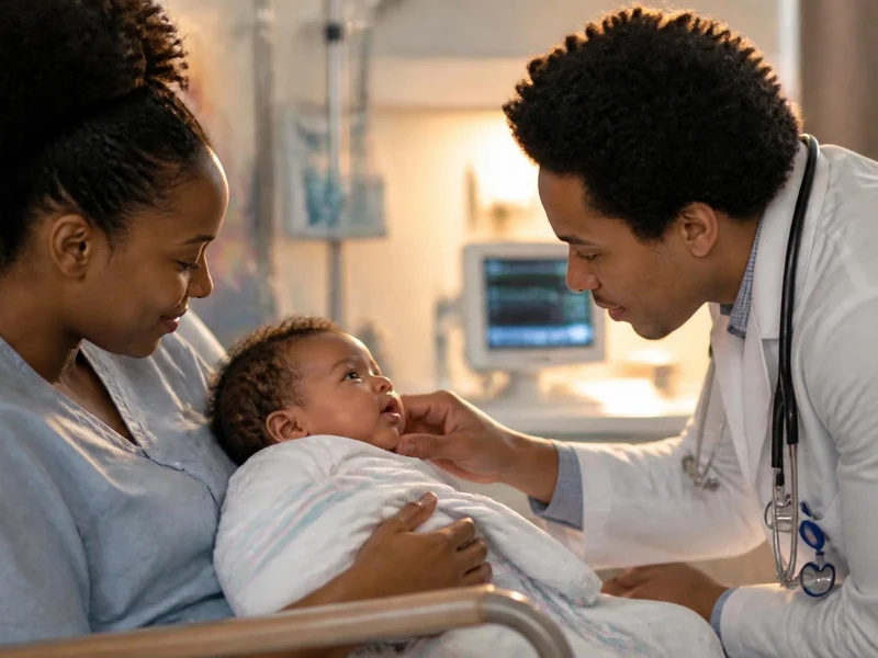 Un pédiatre examine un bébé dans les bras de sa mère dans le cadre d'un suivi pour la séquence de Pierre Robin